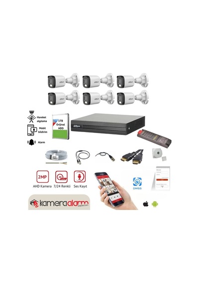 6 Kameralı 7/24 Renkli Görüşlü Dahili Mikrofonlu Güvenlik Kamerası Seti - Uzaktan Izleme - 1tb Hdd