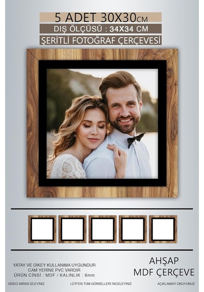 Yhfoto 5 Adet 30x30 Çerçeve Ahşap Beyaz Şeritli Fotoğraf Mdf Çerçeve Kare Çerçeve Kahverengi 30