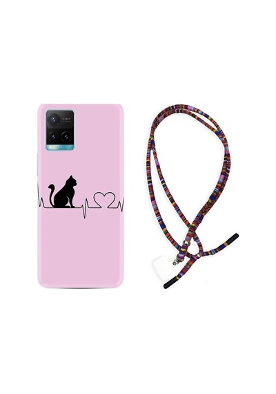 Vivo Y21 Kılıf Rasta Boyun Askılı Pink Cat Heart 1303