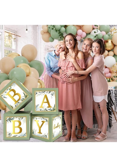 Küf Yeşili Temalı Baby Shower Set Adaçayı Baby Kutu, Ayıcık Folyo Ve Lateks Balon Set Yeşil