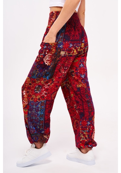 Giysa Kırmızı Etnik Desenli Kadın Şalvar Yoga Pantolonu %100 Viskon Çift Cepli - 2460 Kırmızı