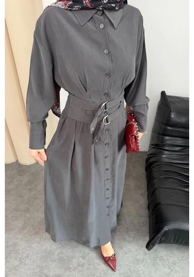 Mihran Butik Valeno Model Coupra Model Kumaş Kemer Detaylı Elbise Füme