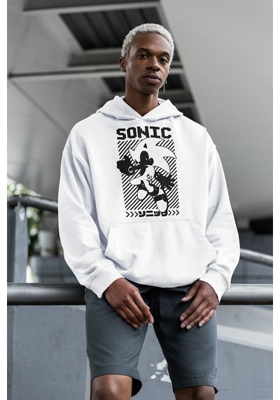 Sevbano Sonic Baskılı Unisex Oversize Çizgi Film Hoodie Beyaz