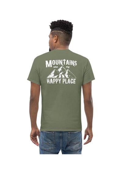 Wildstyle Mountains Are My Happy Place Dağcı Doğa Kamp Baskılı Unisex Pamuklu Tişört Haki