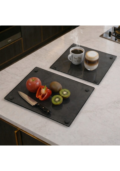 2'li Temperli Cam Kesme Tahtası 20x30 & 25x35 Cm Hijyenik Mutfak Doğrama Camı Kesme Tablasıı Bella Vetro Füme