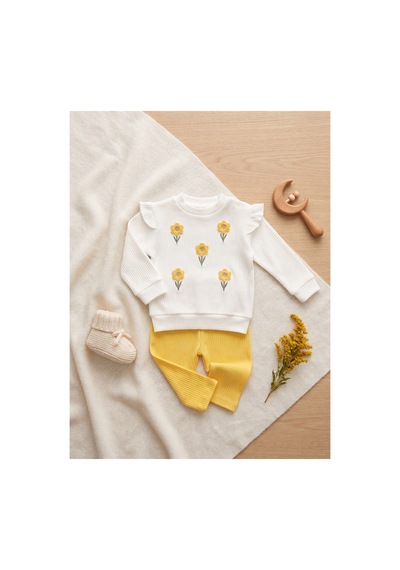 Deniva Kids Kız Bebek Sarı Çiçek Nakışlı Fırfırlı Fitilli Kaşkorse Sweatshirt Ve Tayt İkili Takım
