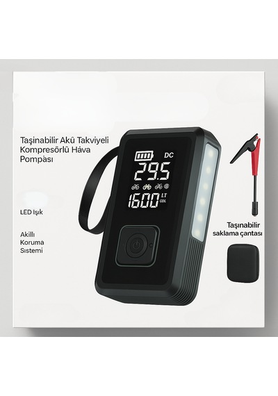Taşınabilir 4'ü 1 Arada Akü Takviye Cihazı Kompresör, Powerbank