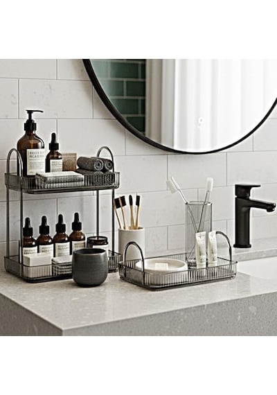 Banyo Düzenleyici Organizer Banyo Rafı Duman Gri, Tek + İki Katlı Set Açık Ahşap