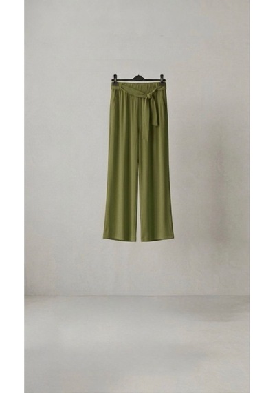 Yüksek Bel Rahat Kesim Kuşak Detaylı Yazlık Viskon Pantalon Haki