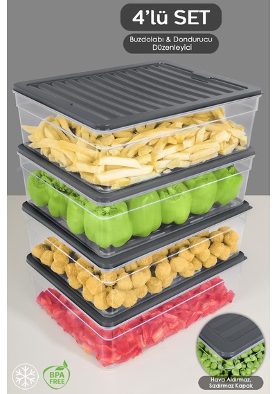 4'lü Derin Buzdolabı Organizer Set Düzenleyici Saklama Kabı Mikrodalga Difriz Kabı 5300 ML Antrasit