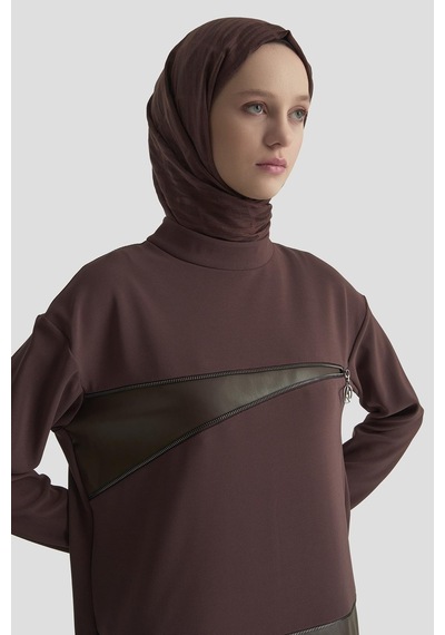 Armine Trend Deri Ve Fermuar Detaylı Fitilli Tunik Kakao 25kt452 Kakao