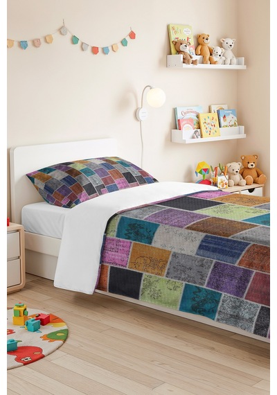 Patchwork Geometrik Renkli Tek Kişilik Dekoratif Pike Takımı-retro Mor Mozaik 160x220cm Yatak Örtüsü Kırçıllı Kireç Harmonu