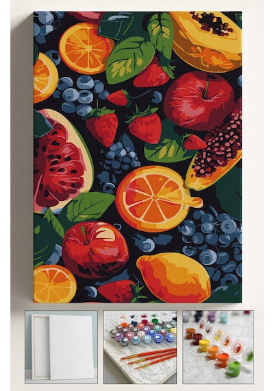 Sayılarla Boyama Çerçeveli Hobi Seti Numaralı Tuval Fırça Boya Dahil Kasnaklı Meyveler 40x50 Cm