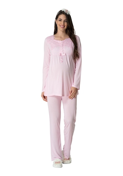 Mecit Pijama Mecit 5416 Pembe Uzun Sabahlıklı Lohusa Pjama Takımı