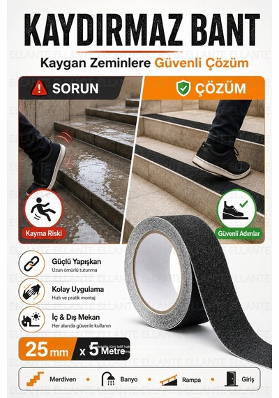 Kaydırmaz Bant 25 Mm X 5 Metre, Pütürlü Yüzeyli Güçlü Yapışkanlı Merdiven Banyo Rampa Zemin Güvenlik