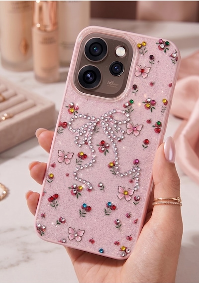 Oppo Reno 15 Pro 5g Taşlı Desenli Fiyonk Silikon Kılıf Pembe