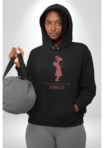 Anneler Günü Dünyanın En İyi Annesi Kadın Erkek Siyah Kapüşonlu Sweatshirt Hoodie Siyah