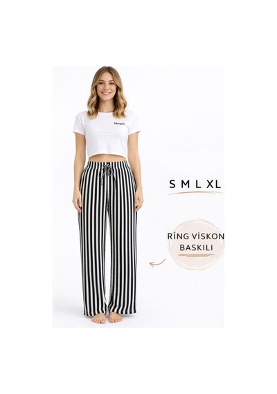 Viskon Pamuklu Kadın Siyah Çizgili Pijama Pantolon - Mg001 - Mudanis