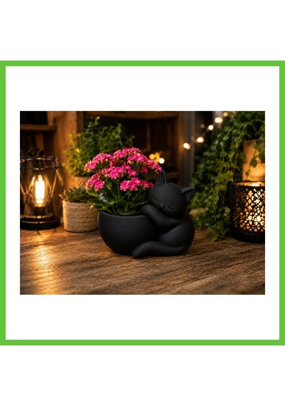 Bezos 3d Baskı Sarılan Kedi Saksı - Sevimli Dekoratif Saksı - Siyah Dmc