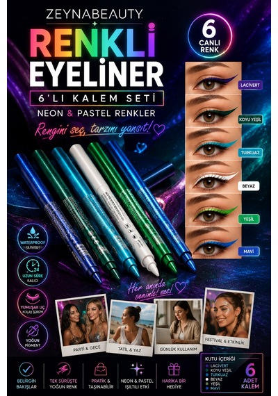 Renkli Eyeliner Kalemi Seti 6'lı Waterproof Göz Kalemi Neon & Pastel Renkler Çok Renkli - 851609122 Diğer