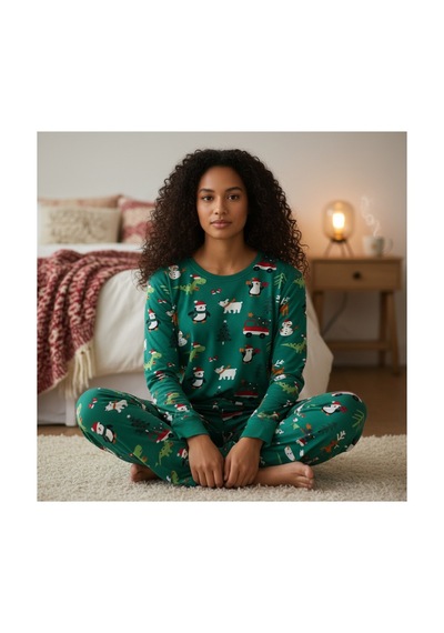 Feg Store %100 Pamuk Yeşil Uzun Kollu Yılbaşı Temalı Pijama Takımı