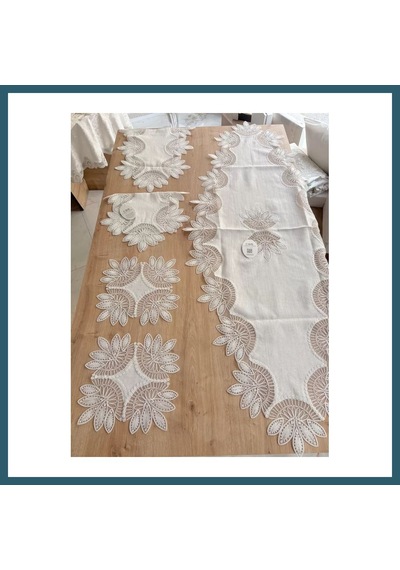 Bezos Salon Takımı Çeyizlik Krem Runner Set 5 Parça Keten Ranır Masa Konsol Sehpa Örtüsü Lady Ob