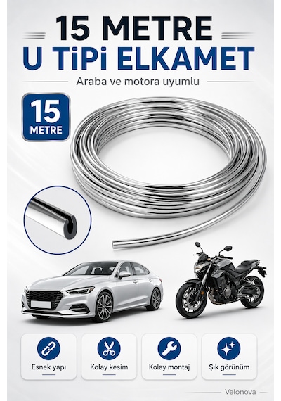 15 Metre U Tipi Elkamet Esnek Krom Kaplama Şeridi Araba Ve Motor Uyumlu