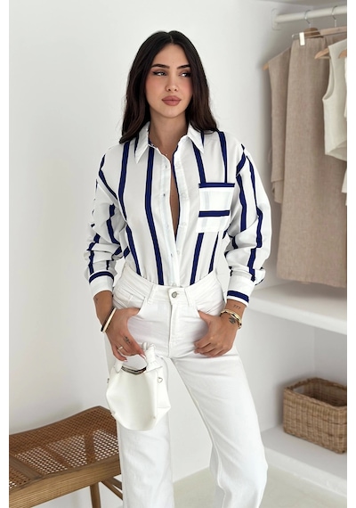 Asprin Fashion Kalın Lacivert Çizgili Gömlek Beyaz
