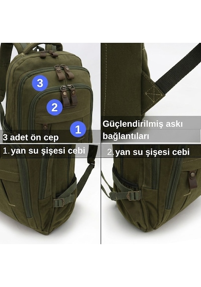 4022 Haki Krem Sarı Vintage Sırt Çantası, 15.6 Inç Bilgisayar Bölmeli, Geniş Hacimli Hakiki Deri Detaylı Pamuklu Okul Ve