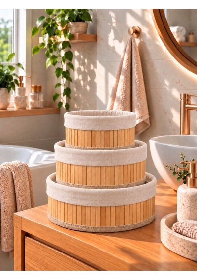 Kuzeylife Bambu Trio Yuvarlak 3lü Sepet Seti Kahverengi