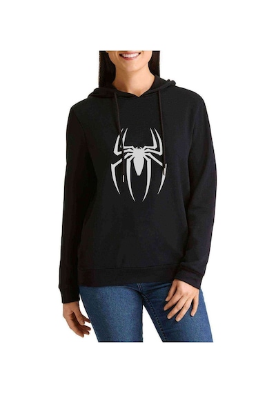 Spider Baskılı Siyah Kadın Kapşonlu Sweatshirt