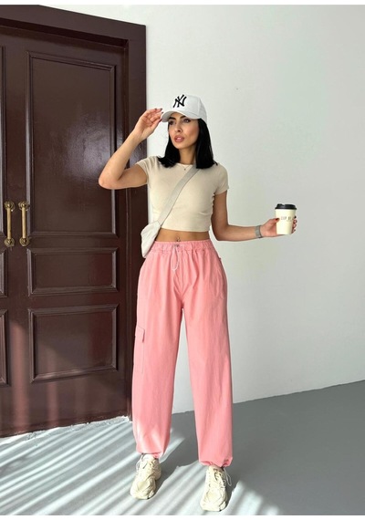 Zeo Basic Paraşüt Kumaş Kargo Cepli Bel Ve Paça Lastikli Pantolon Pembe Pembe