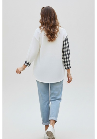 Kadın Siyah Oversize Fit Ekoseli Desenli Uzun Kollu %100 Pamuk Gömlek, Ceket, Kadın Oduncu Gömlek Siyah