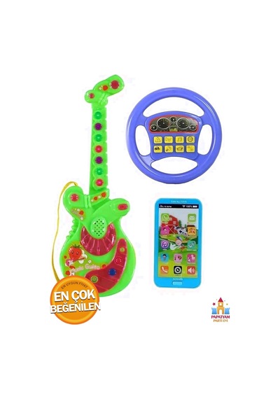 3'lü Set Müzikli Eğitici Gitar - Oyuncak Direksiyon Ve Dokunmatik Telefon Oyuncak Seti - Mavi Renk