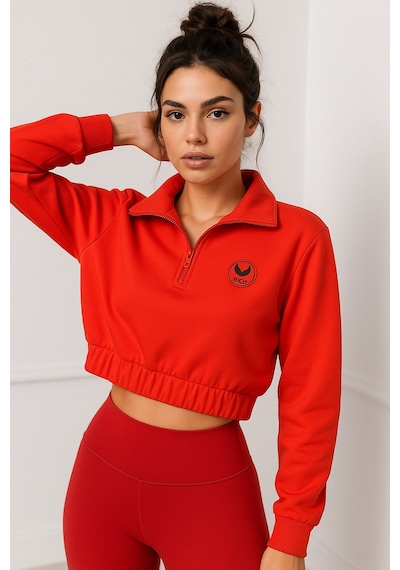 Kadın Açık Fuşya Yarım Fermuarlı Beli Lastikli Crop Sweatshirt Fuşya