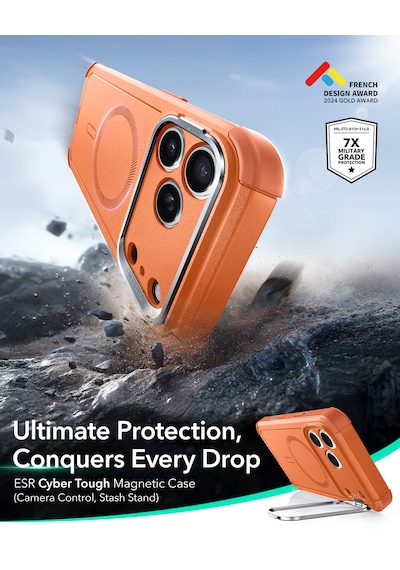 Esr Apple Uyumlu iPhone 17 Pro Max Cyber Tough Magsafe Stantlı Kılıf Turuncu Turuncu