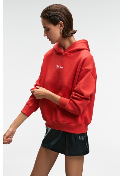 ETHIQUET ME UREA Kadın Nakışlı Kapüşonlu Comfort Fit Kırmızı Sweatshirt