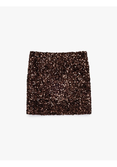 Koton Pullu Payetli Slim Fit A Kesim Mini Abiye Etek Kahverengi 7wak70005fk Kahve