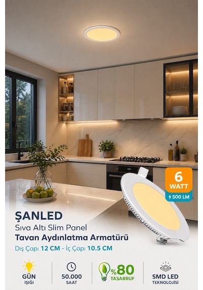 Şanled 6w Tasarruflu Led Yuvarlak Gün Işığıı Sıva Altı Slim Panel 1 Adettir Gün Işığı