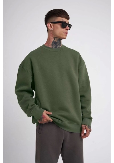 Unisex Biskilet Yaka Üç İplik Sweatshirt - Haki Haki