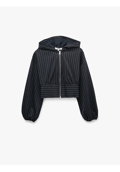 Koton Slim Fit Uzun Kollu Fermuarlı Çizgili Kapüşonlu Sweatshirt Lacivert Çizgili 7wak30013uk