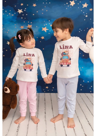 Pia Baby İsimli Kız Çocuk Pijama Takımı %100 Pamuk Penye İsme Özel Baskılı Kişiselleştirilebilir Pijama Seti 20753p14pi Krem