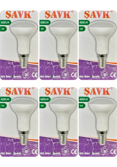 6 Adet Şavk 6w 37w Beyaz Işık 6500k E14 Duylu İnce Duy Led R50 Ampul
