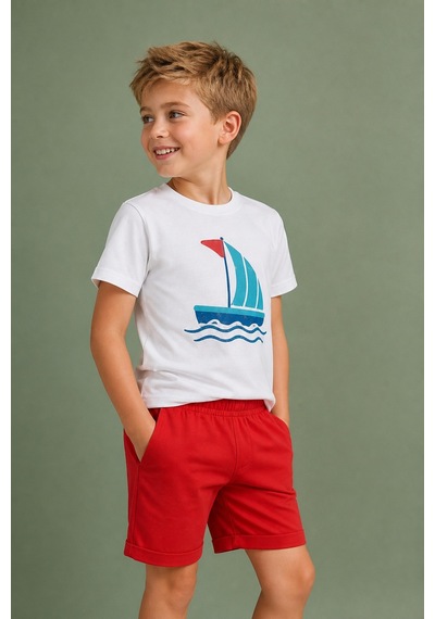 Eray Alp Kids Erkek Çocuk Kırmızı Yelken Baskılı Tişört Şort Takımı Yazlık Günlük Model