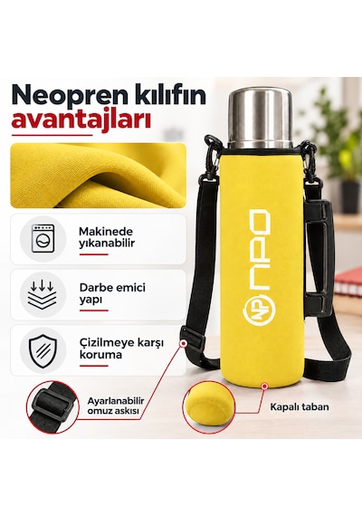 Npo Nt01 2 Katman Vakum Teknolojili 24h Sıcak 48h Soğuk 72h Buzlu Koruma Çelik Termos Sarı Kılıflı