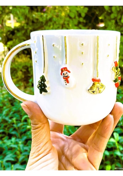 Premium Kalite 24 Ayar Altın Detaylı El Yapımı Christmas Mug 450 Ml Gold Handmade Beyaz - Çok Renkli