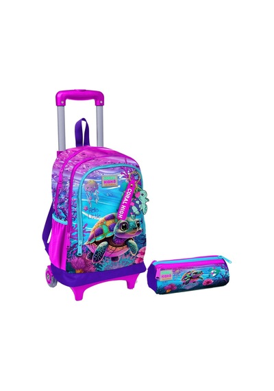 Coral High Pembe Mor Kaplumbağa Işıklı Tekerlekli Çekçek Çanta ve Kalemlik Seti - Kız Çocuk