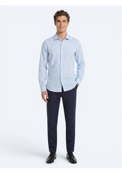 Kip Mavi Regular Fit Uzun Dokuma Casual Pamuk Karışımlı Gömlek