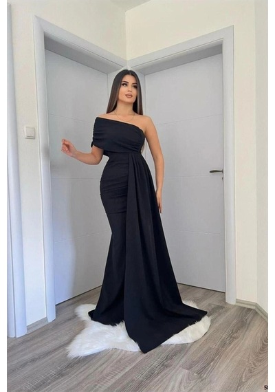 Ekopazaryeri Kadın Şık Tasarım Tek Omuz Kuyruklu Balık Kesim Abiye Elbise Siyah