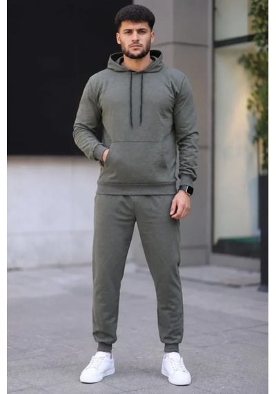 Oada Erkek İki İplik Kapüşonlu Kanguru Cepli Sweatshirt Jogger Pantolon Alt Üst Eşofman Takımı - Haki